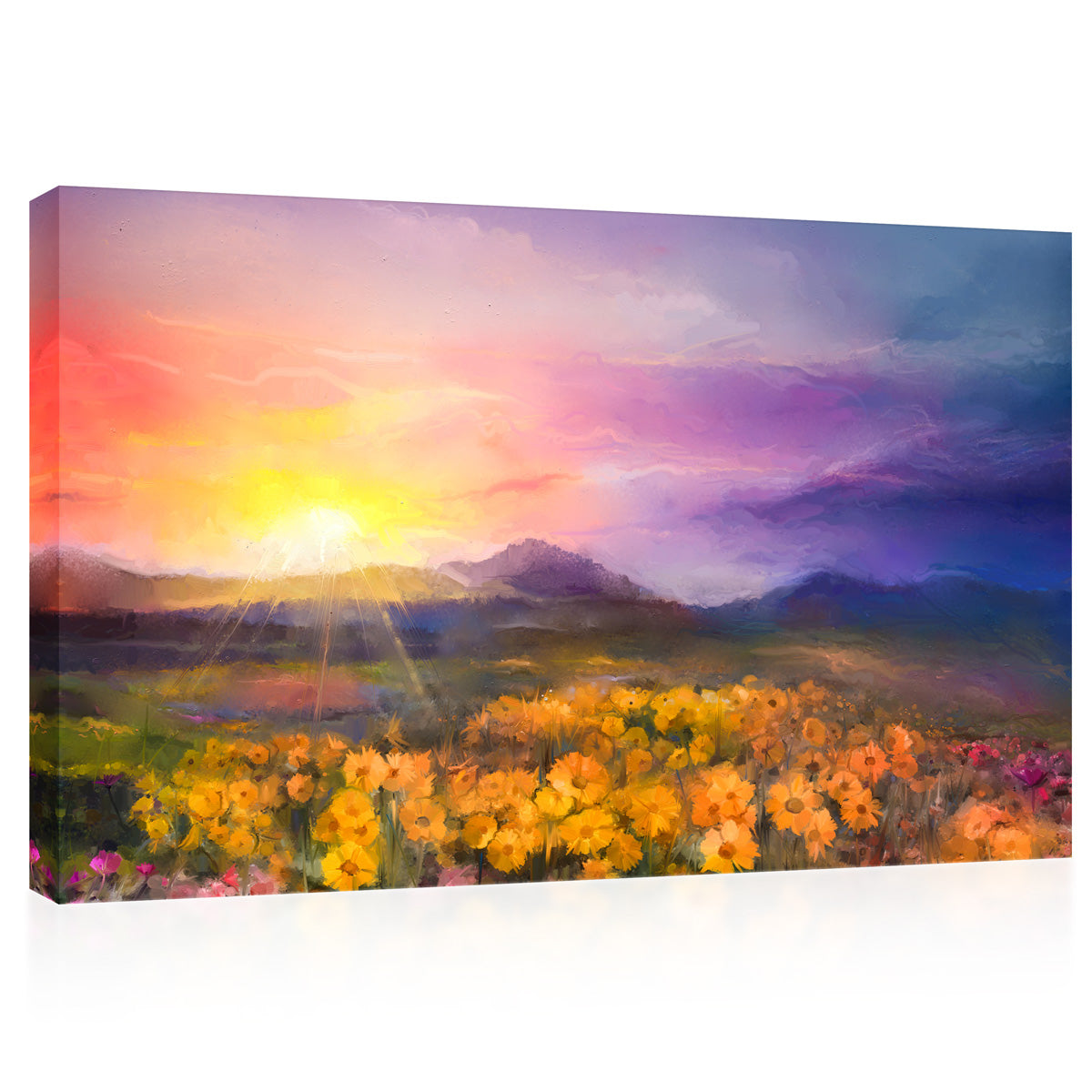 Canvas Print -  Yellow-Golden Daisies In Field At Sunset, Oil Painting #E0616