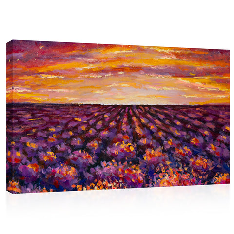 Impression sur toile - Coucher de soleil sur le champ de lavande, peinture à l'huile #E0614