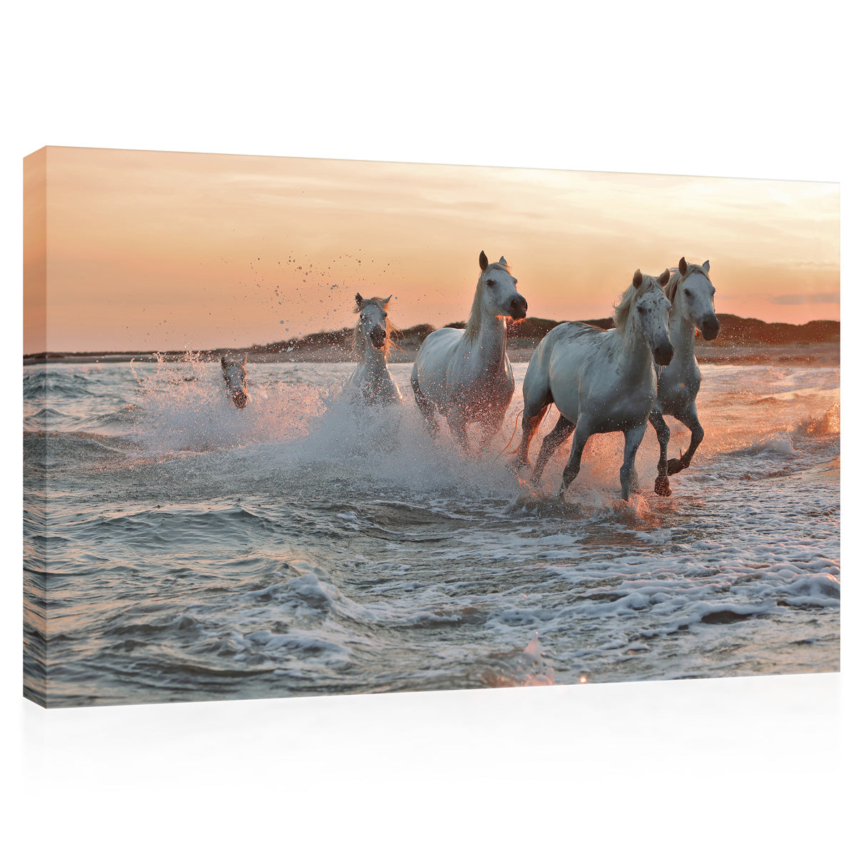 Impression sur toile - Courir des chevaux sur l'eau au coucher du soleil #E0925