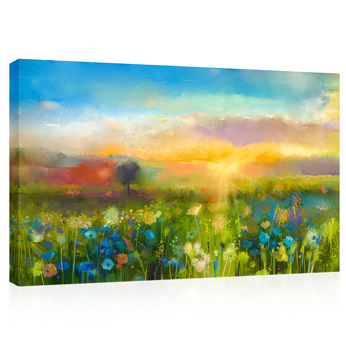 Canvas Print -  Wild Flowers Field At Sunset, Oil Painting #E0628