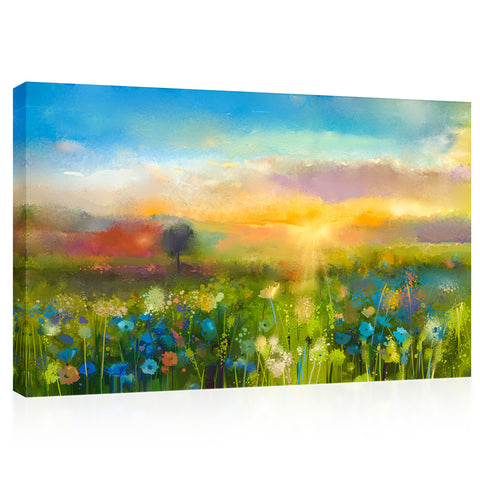 Impression sur toile - Champ de fleurs sauvages au coucher du soleil, peinture à l'huile #E0628