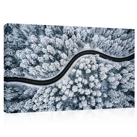 キャンバスプリント - 雪に覆われた森の曲線道路のトップビュー＃e0119