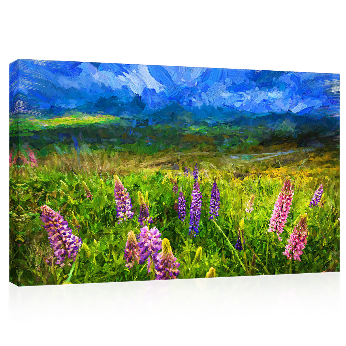 Impression sur toile - Paysage de champ de lupins, peinture à l'huile #E0609