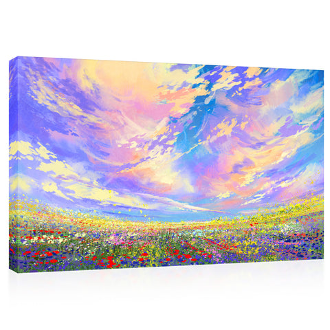 Canvas Print -  Colorful Flowers Field Under Beautiful Clouds, Landscape Painting #E0611