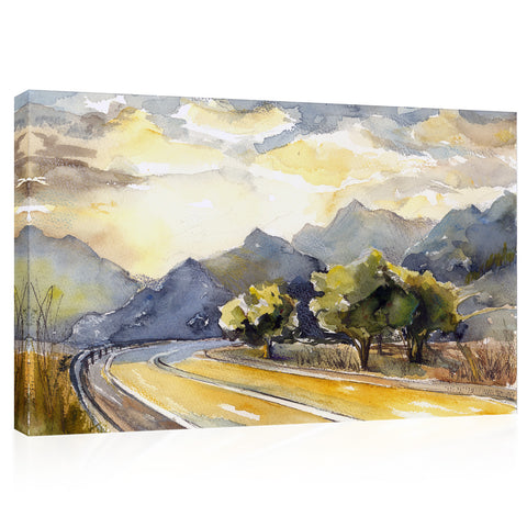 Impression sur toile - arbres et route au coucher du soleil, peinture à l'aquarelle #E0861