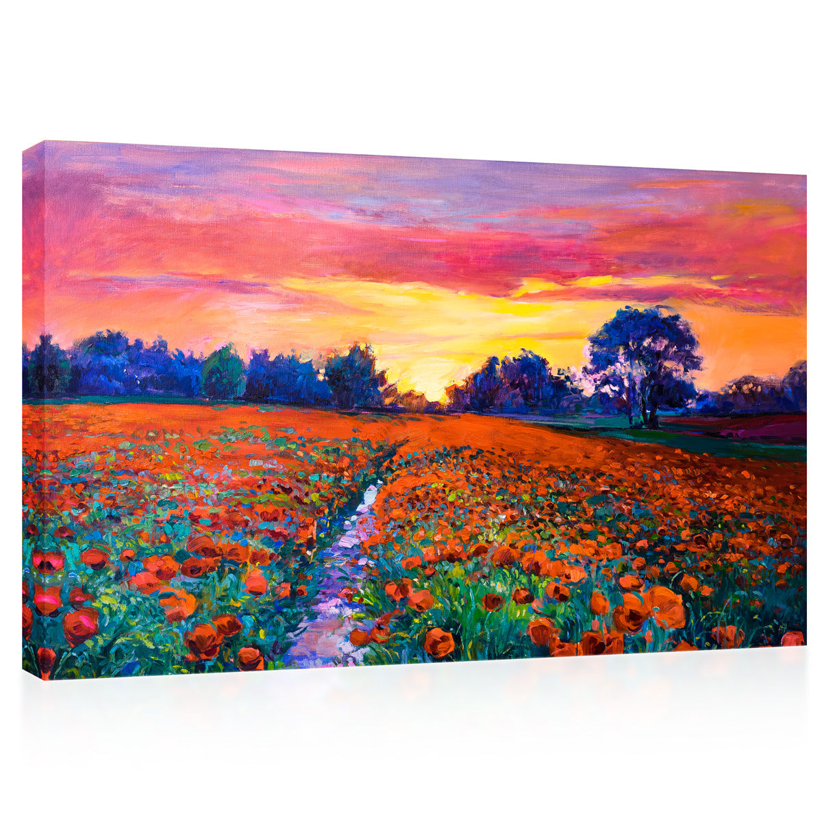 Impression sur toile - Coucher de soleil sur le champ de coquelicots rouges, peinture à l'huile #E0631