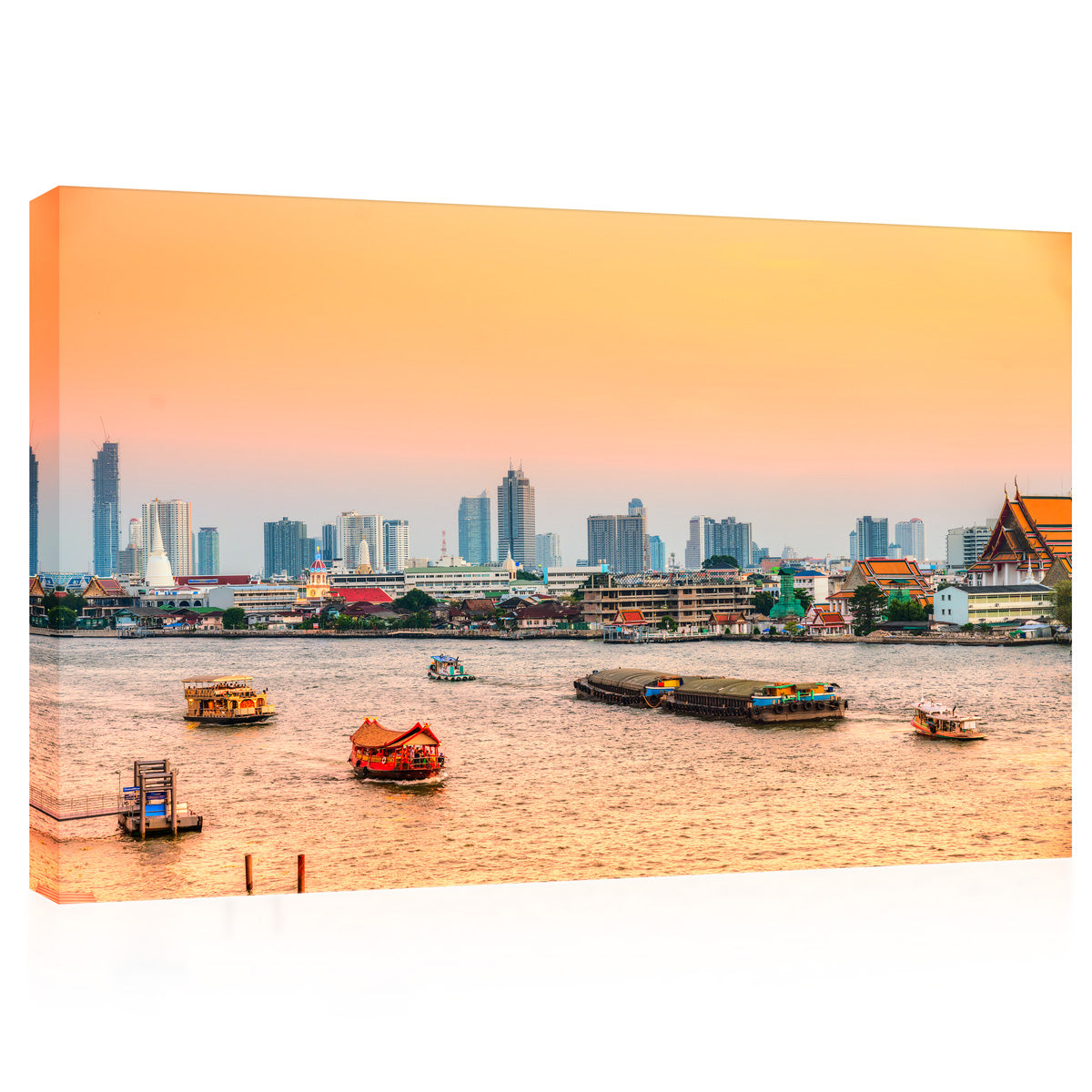 Impression sur toile - Bangkok Skyline sur la rivière Chao Praya au coucher du soleil #E0300