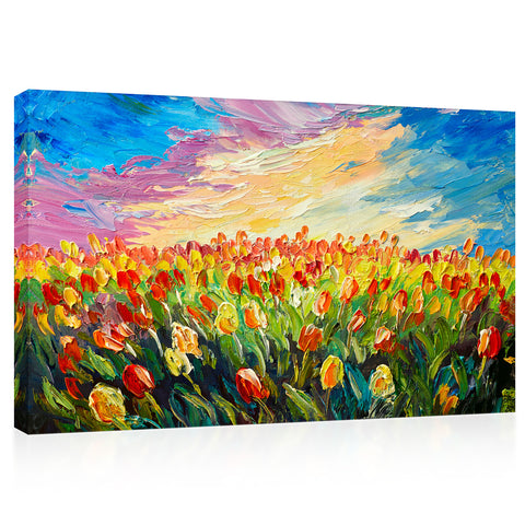 Impression sur toile - Champ coloré de tulipes, peinture à l'huile #E0732