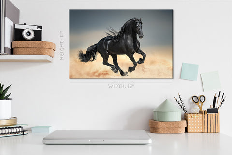 Canvas Print -  Black Friesian Horse In Desert #E0946