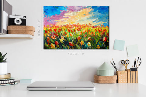 Impression sur toile - Champ coloré de tulipes, peinture à l'huile #E0732