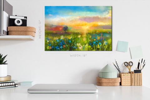 Impression sur toile - Champ de fleurs sauvages au coucher du soleil, peinture à l'huile #E0628