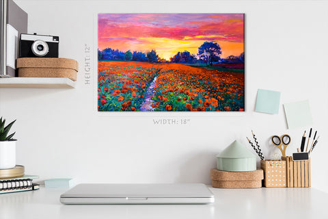 Impression sur toile - Coucher de soleil sur le champ de coquelicots rouges, peinture à l'huile #E0631