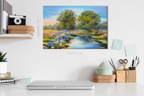 Impression sur toile - pelouse fleurie au bord de la rivière dans la forêt, paysage de peinture à l'huile # E0606