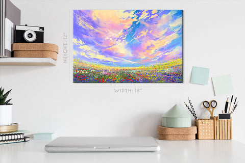 Canvas Print -  Colorful Flowers Field Under Beautiful Clouds, Landscape Painting #E0611