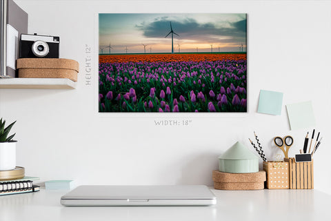 Impression sur toile - Champ de tulipes et moulins à vent #E0744