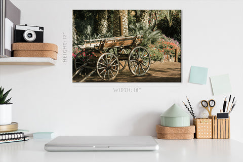 Canvas Print -  Palm Grove, Blooming Flowerbed And Wood Carriage #E0704