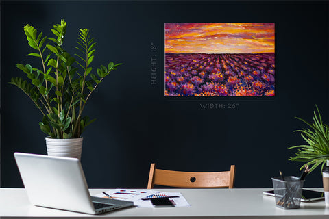 Canvas Print -  Sunset Over Lavender Field, Oil Painting #E0614