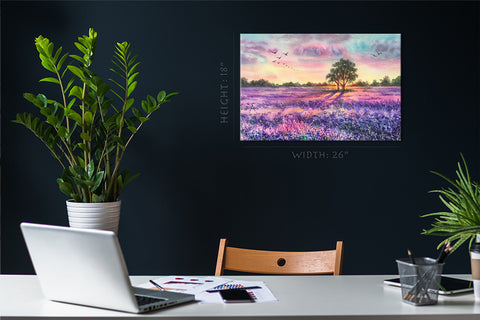 Canvas Print -  Watercolor Lavender Field At Sunset #E0598