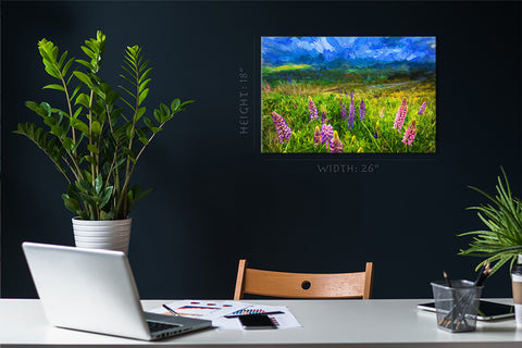 Impression sur toile - Paysage de champ de lupins, peinture à l'huile #E0609