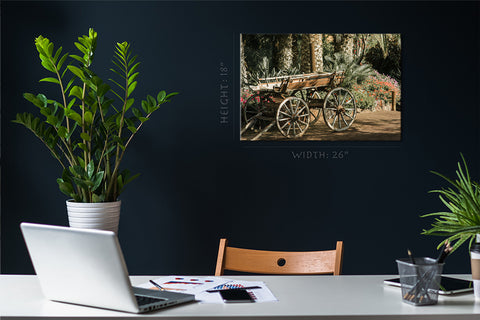 Canvas Print -  Palm Grove, Blooming Flowerbed And Wood Carriage #E0704