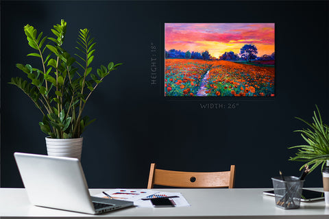 Impression sur toile - Coucher de soleil sur le champ de coquelicots rouges, peinture à l'huile #E0631