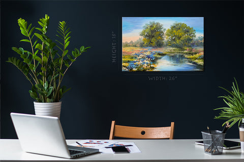 Impression sur toile - pelouse fleurie au bord de la rivière dans la forêt, paysage de peinture à l'huile # E0606