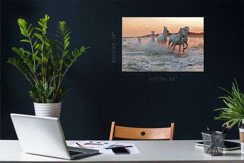 Canvas Print -  Running Horses On Water At Sunset #E0925