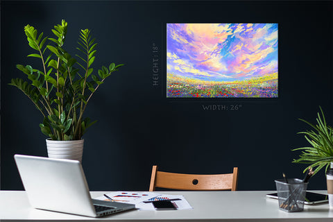 Canvas Print -  Colorful Flowers Field Under Beautiful Clouds, Landscape Painting #E0611