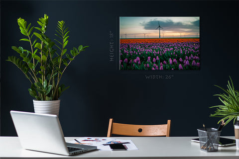 Impression sur toile - Champ de tulipes et moulins à vent #E0744