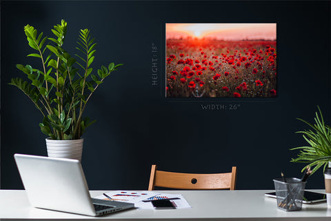 Impression sur toile - Champ de feu de coquelicots rouges au coucher du soleil #E0629