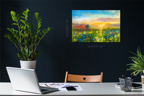 Canvas Print -  Wild Flowers Field At Sunset, Oil Painting #E0628