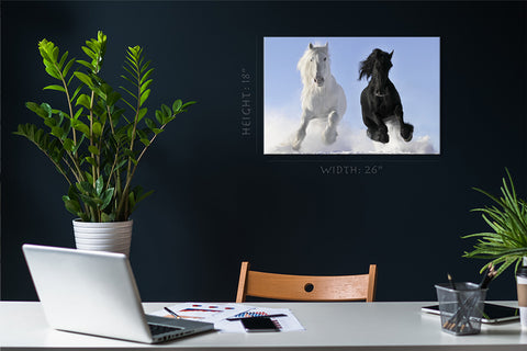 Impression sur toile - Chevaux blancs et noirs en hiver #E0912