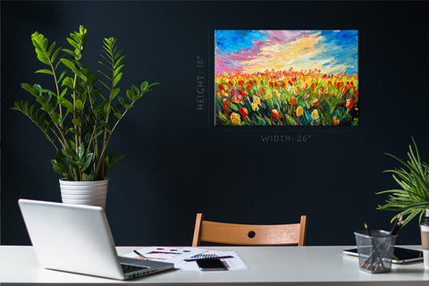 Impression sur toile - Champ coloré de tulipes, peinture à l'huile #E0732