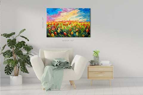 Impression sur toile - Champ coloré de tulipes, peinture à l'huile #E0732