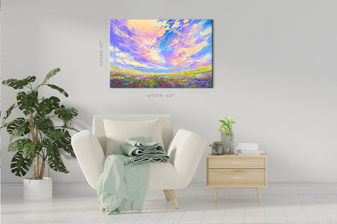 Canvas Print -  Colorful Flowers Field Under Beautiful Clouds, Landscape Painting #E0611