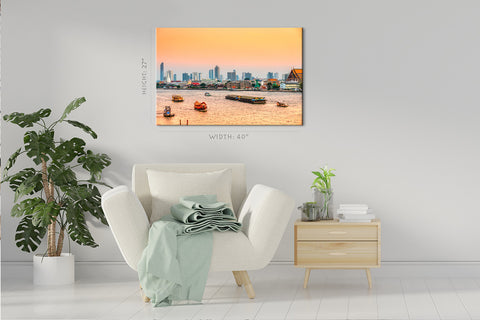 Impression sur toile - Bangkok Skyline sur la rivière Chao Praya au coucher du soleil #E0300