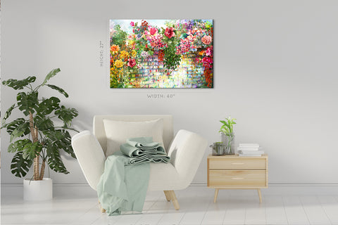 Impression sur toile - fleurs sur le mur, peinture à l'aquarelle #E0845