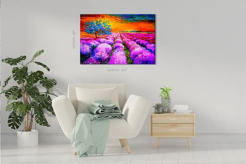 Canvas Print -  Lavender Field At Sunset, Oil Painting #E0602