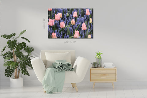 Impression sur toile - Tulipes roses et jacinthes muscari #E0754