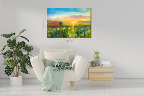 Canvas Print -  Wild Flowers Field At Sunset, Oil Painting #E0628