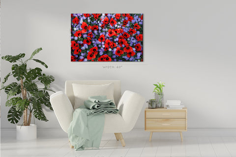 Impression sur toile - Champ de tulipes rouges et de fleurs violettes #E0671