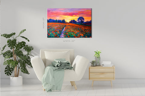 Impression sur toile - Coucher de soleil sur le champ de coquelicots rouges, peinture à l'huile #E0631