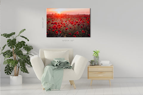 Canvas Print -  Fire Field Of Red Poppies At Sunset #E0629