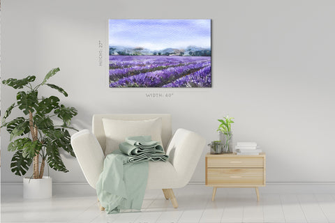 Impression sur toile - Champ de lavande en fleurs, peinture à l'aquarelle #E0783