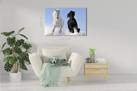 Impression sur toile - Chevaux blancs et noirs en hiver #E0912