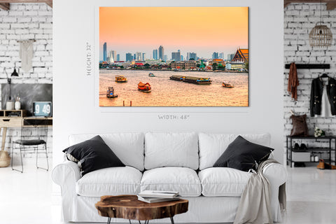 Impression sur toile - Bangkok Skyline sur la rivière Chao Praya au coucher du soleil #E0300