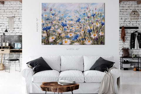 Canvas Print -  Field Of Cornflowers And Daisies, Oil Painting #E0605