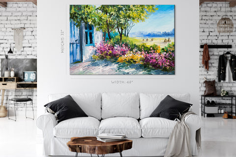 Canvas Print -  Colorful Flowerbed Near The House, Oil Painting #E0607