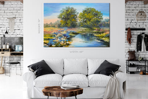 Canvas Print -  Flowering Lawn By The River In Forest, Oil Painting Landscape #E0606