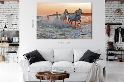 Impression sur toile - Courir des chevaux sur l'eau au coucher du soleil #E0925